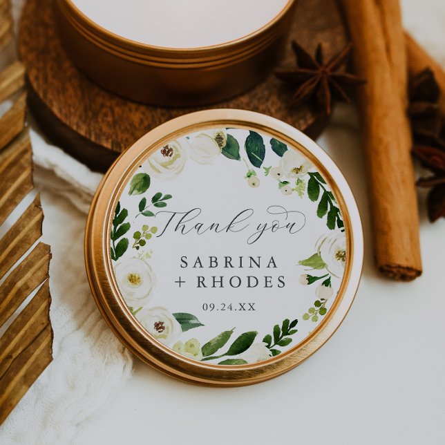 Elegant White Floral Thank You Wedding Favour Classic Round Sticker (Creator Uploaded)