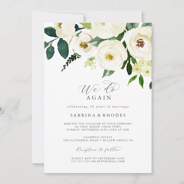 Elegant White Floral We Do Again Vow Renewal Invitation (Front)