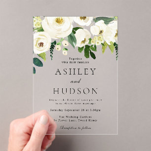 Elegant White Floral Wedding Acrylic Invitations