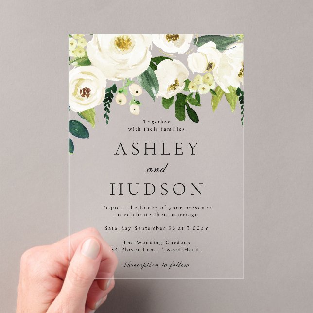Elegant White Floral Wedding  Acrylic Invitations (Insitu (Handheld))