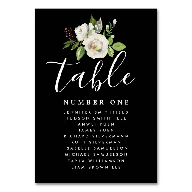 Elegant White Floral Wedding Guest Seating Chart Table Number (Front)