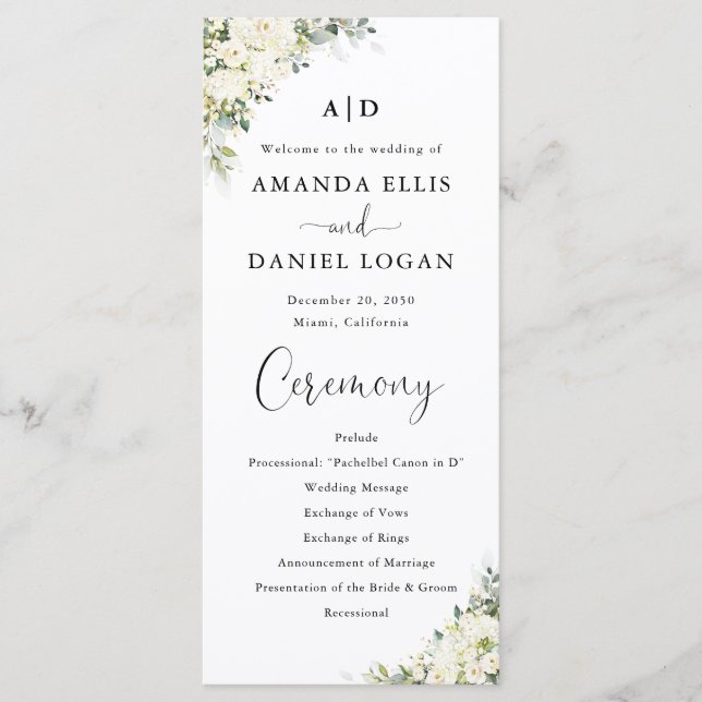 Elegant White Floral Wedding Program (Front)