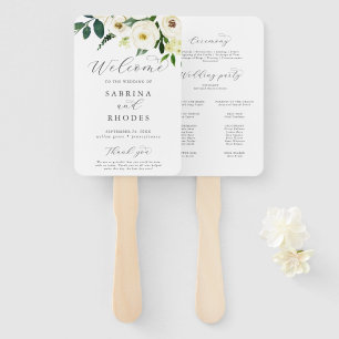 Elegant White Floral Wedding Program Hand Fan