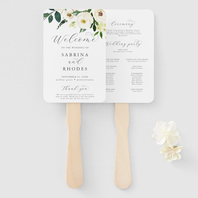 Elegant White Floral Wedding Program Hand Fan (Front and Back)