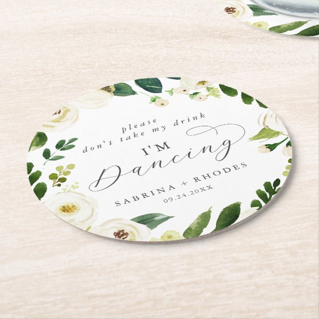 Elegant White Floral Wedding Reception I'm Dancing Round Paper Coaster (Angled)