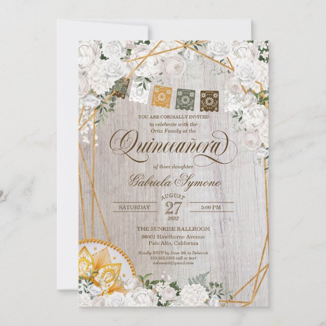 Elegant White Floral Western Charro Quinceanera In Invitation (Front)