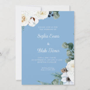 Elegant White Floral with Greenery Blue Wedding Invitation