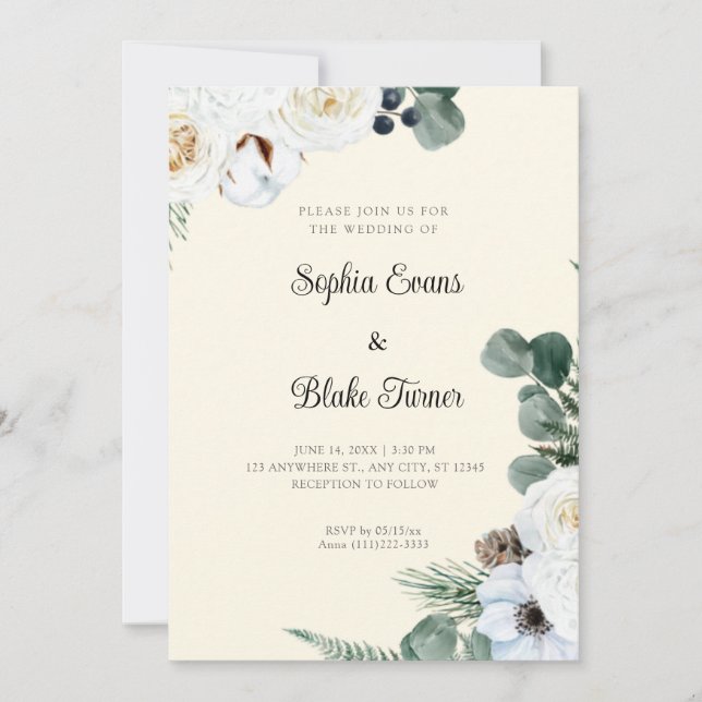 Elegant White Floral with Greenery Yellow Wedding Invitation (Front)
