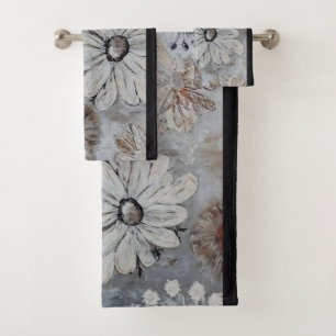 Elegant White Floral With Grey Bath Towel Set