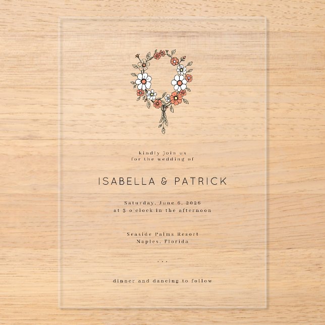 Elegant White Floral Wreath Acrylic Invitations (Front)