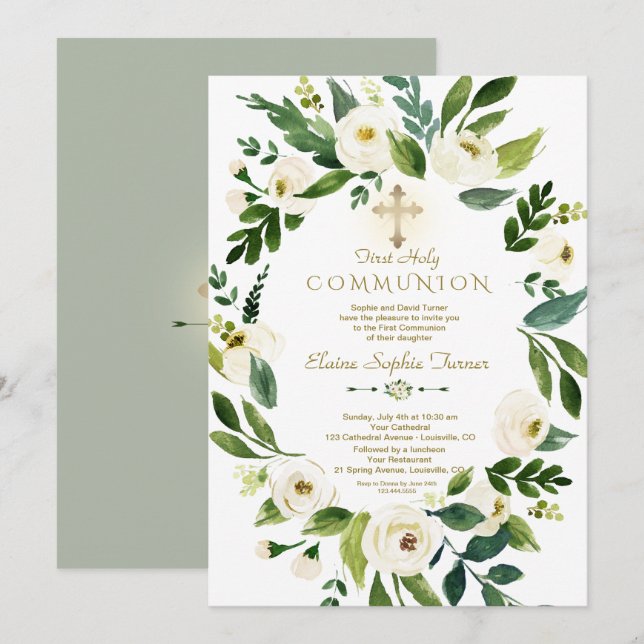 Elegant White Floral Wreath Cross Holy Communion Invitation (Front/Back)