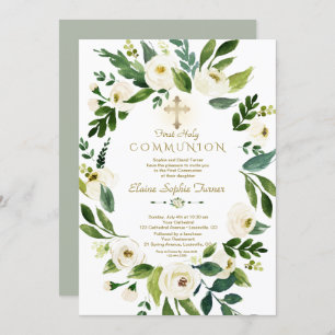 Elegant White Floral Wreath Cross Holy Communion Invitation