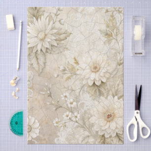 Elegant White Florals Crackle Effect Decoupage Tissue Paper
