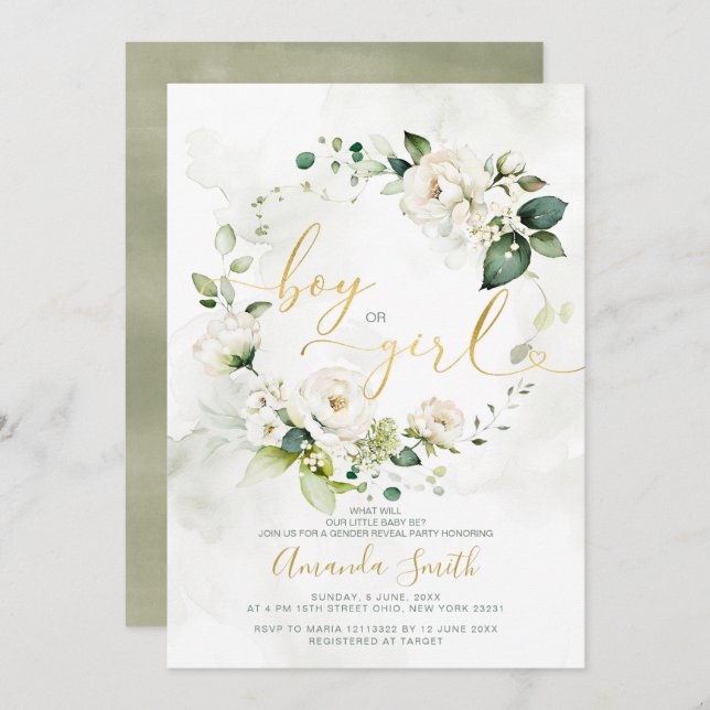 Elegant White Florals Gender Reveal Boy Or Girl Invitation (Front/Back)