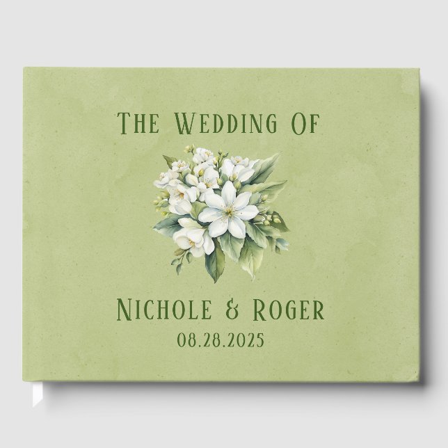 Elegant White Florals Green Watercolors Wedding Guest Book (Front)