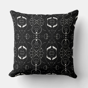 Elegant White Flourishes & Embellishments on Black Cushion