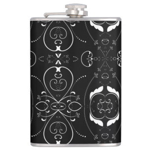 Elegant White Flourishes & Embellishments on Black Hip Flask