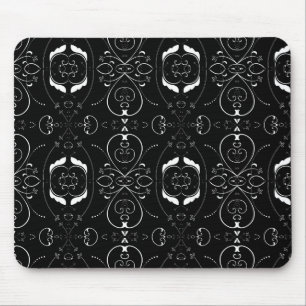 Elegant White Flourishes & Embellishments on Black Mouse Pad