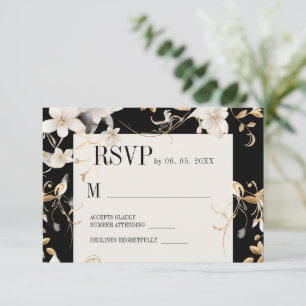 Elegant White Flower Design on Black Wedding RSVP Card