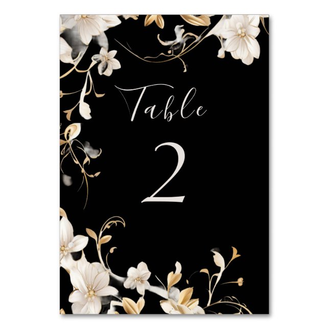 Elegant White Flower Design on Black Wedding Table Number (Front)