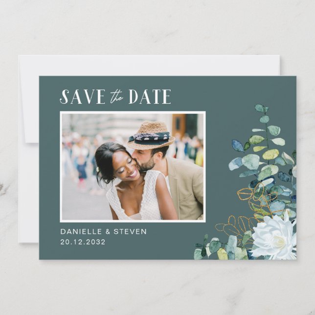 Elegant white flower eucalyptus photo wedding save the date (Front)