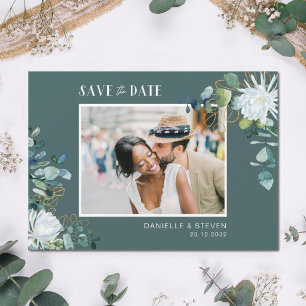 Elegant white flower eucalyptus wedding photo save the date
