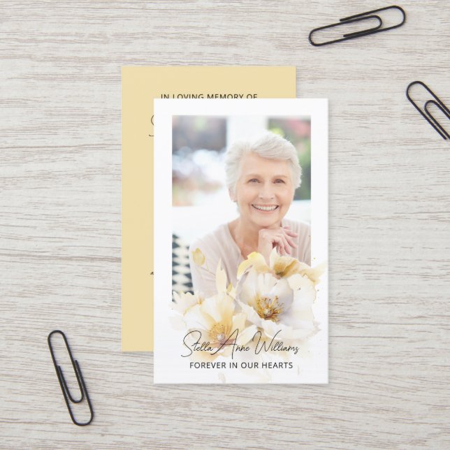 Elegant White Flower Memorial Prayer Photo Card (Front/Back In Situ)