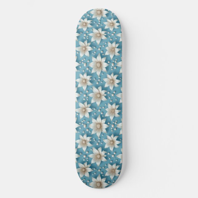 Elegant White Flower Pattern With Pearls Skateboard (Front)
