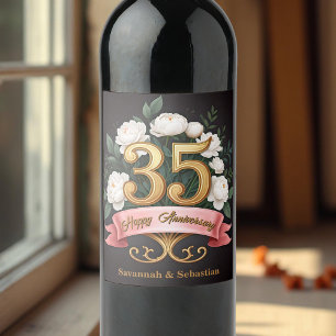 Elegant White Flowers 35th Wedding Anniversary Wine Label