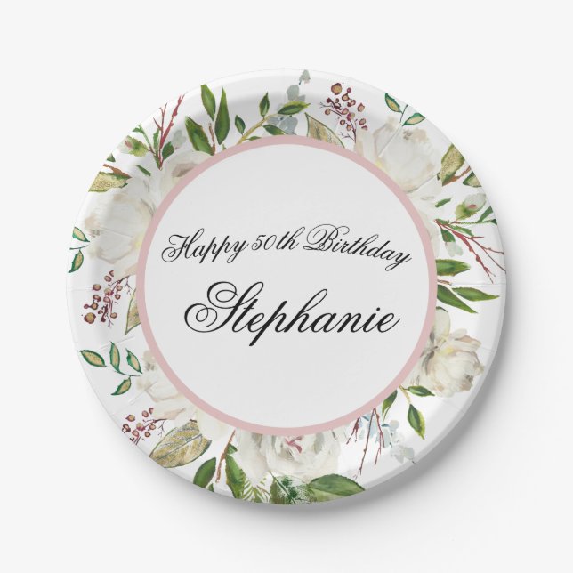 Elegant White Flowers 50th Birthday Paper Plate (Front)