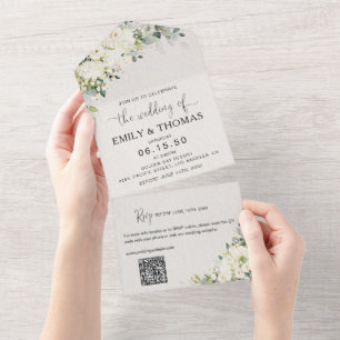 Elegant White Flowers All in One Wedding Invite