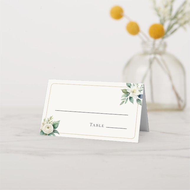 Elegant White Flowers and Greenery | Wedding Table Place Card (Front)