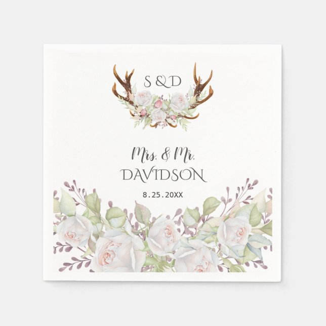 Elegant White Flowers Antlers Monogram Wedding Napkin (Front)