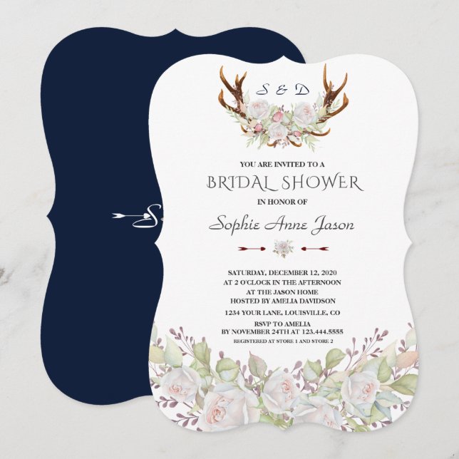 Elegant White Flowers Antlers Navy Bridal Shower Invitation (Front/Back)