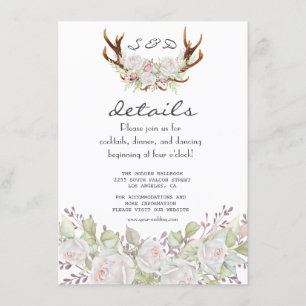Elegant White Flowers Antlers Navy Wedding Details Enclosure Card