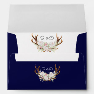 Elegant White Flowers Antlers Navy Wedding Envelope