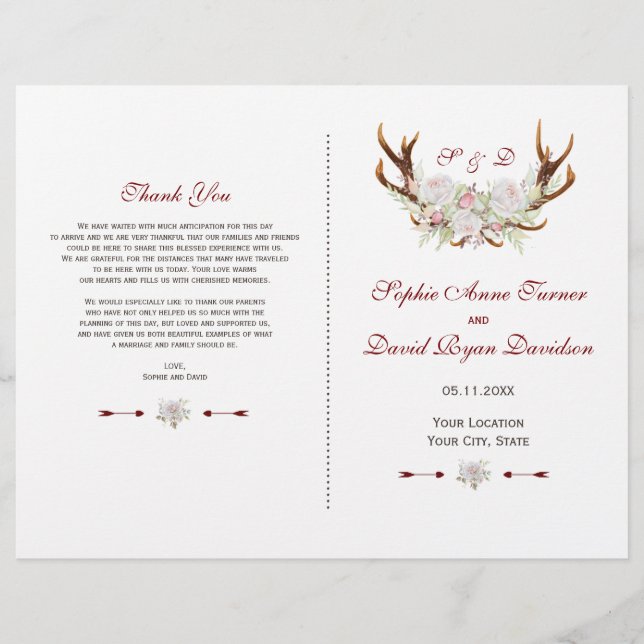 Elegant White Flowers Antlers Wedding Program (Front)