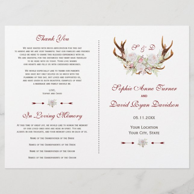 Elegant White Flowers Antlers Wedding Program (Front)