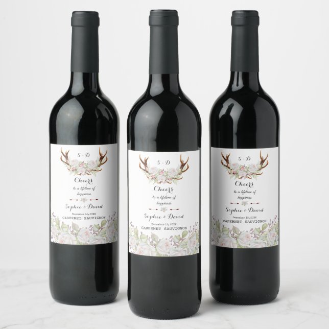 Elegant White Flowers Antlers Wedding Wine Label (Bottles)