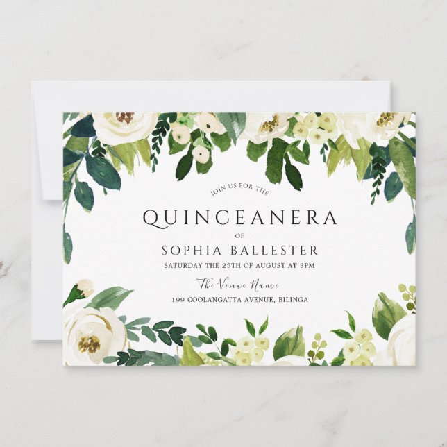 Elegant White Flowers Beautiful Quinceanera Party Invitation (Front)