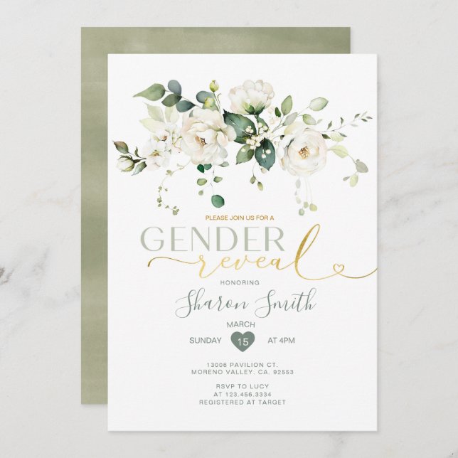 Elegant White Flowers Boy or Girl Gender Reveal Invitation (Front/Back)