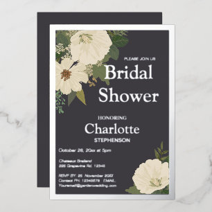 Elegant White Flowers Bridal Shower Charcoal Foil