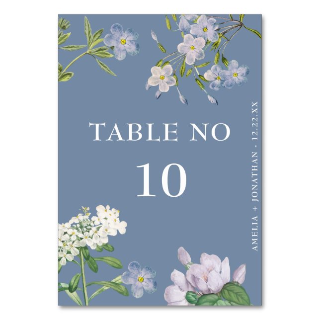 Elegant White Flowers dusty blue Wedding  Table Number (Front)