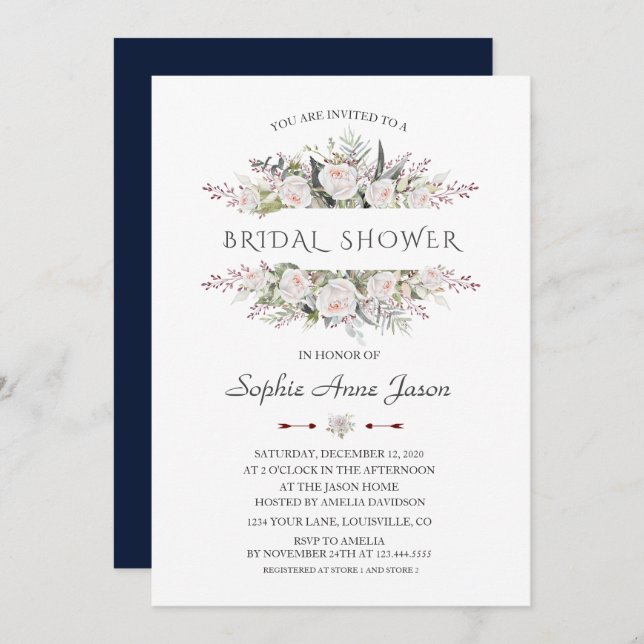 Elegant White Flowers Frame Navy Bridal Shower Invitation (Front/Back)