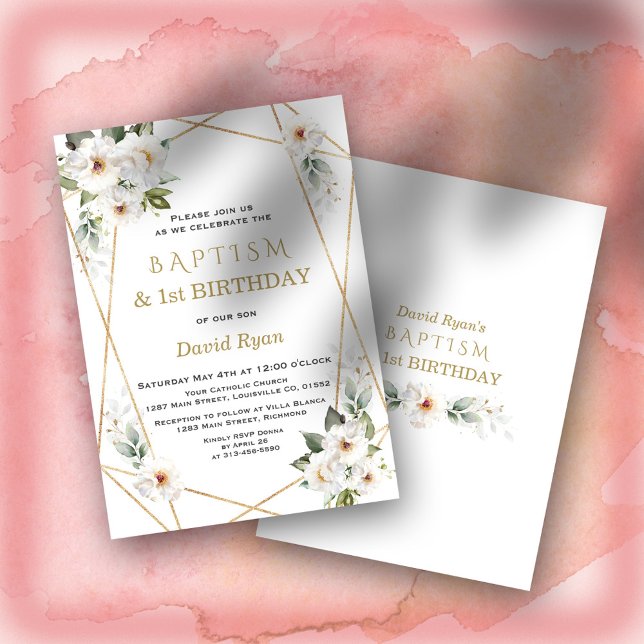 Elegant White Flowers Gold Baptism 1st Birthday  Invitation (white desert roses baptism, 1st birthday baptism, trendy modern elegant baptism invitation, gold )