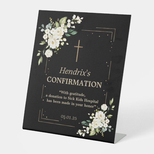Elegant White Flowers Gold Confetti Confirmation  Pedestal Sign (Front)