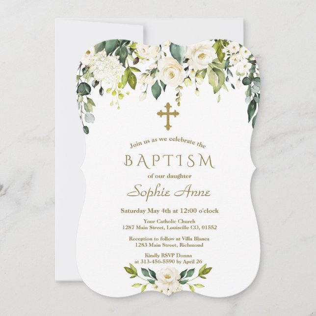 Elegant White Flowers Gold Cross Baptism Invitation (Front)