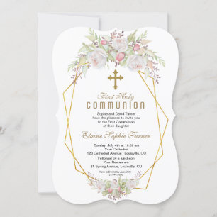 Elegant White Flowers Gold First Holy Communion Invitation
