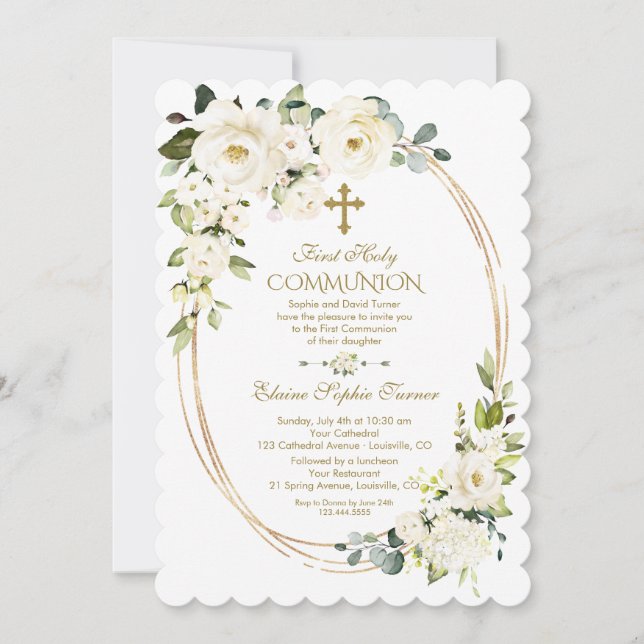 Elegant White Flowers Gold First Holy Communion Invitation (Front)