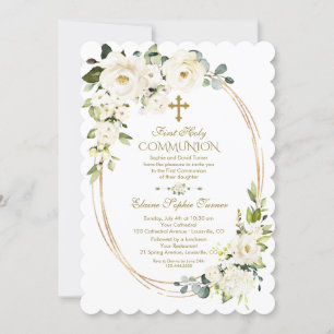 Elegant White Flowers Gold First Holy Communion Invitation